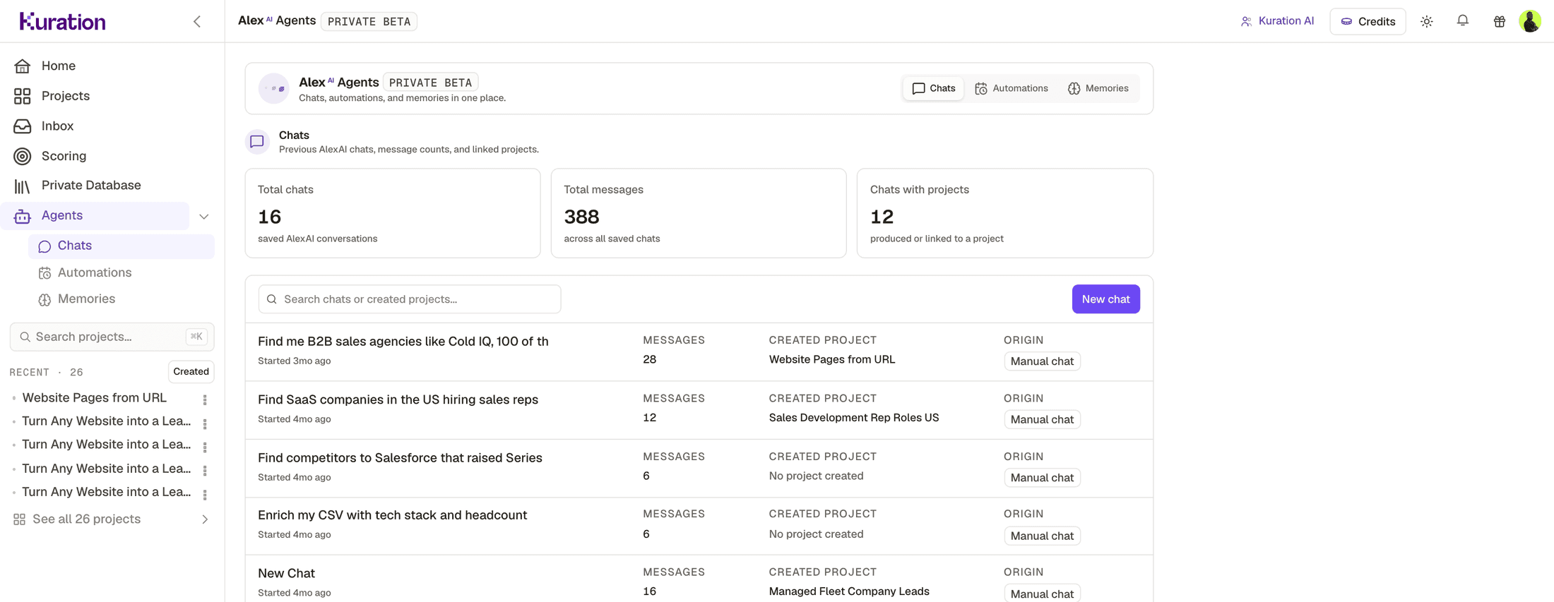 The Alex Agents screen in Kuration, with tabs for chats, automations and memories, and a list of conversations that each created a project