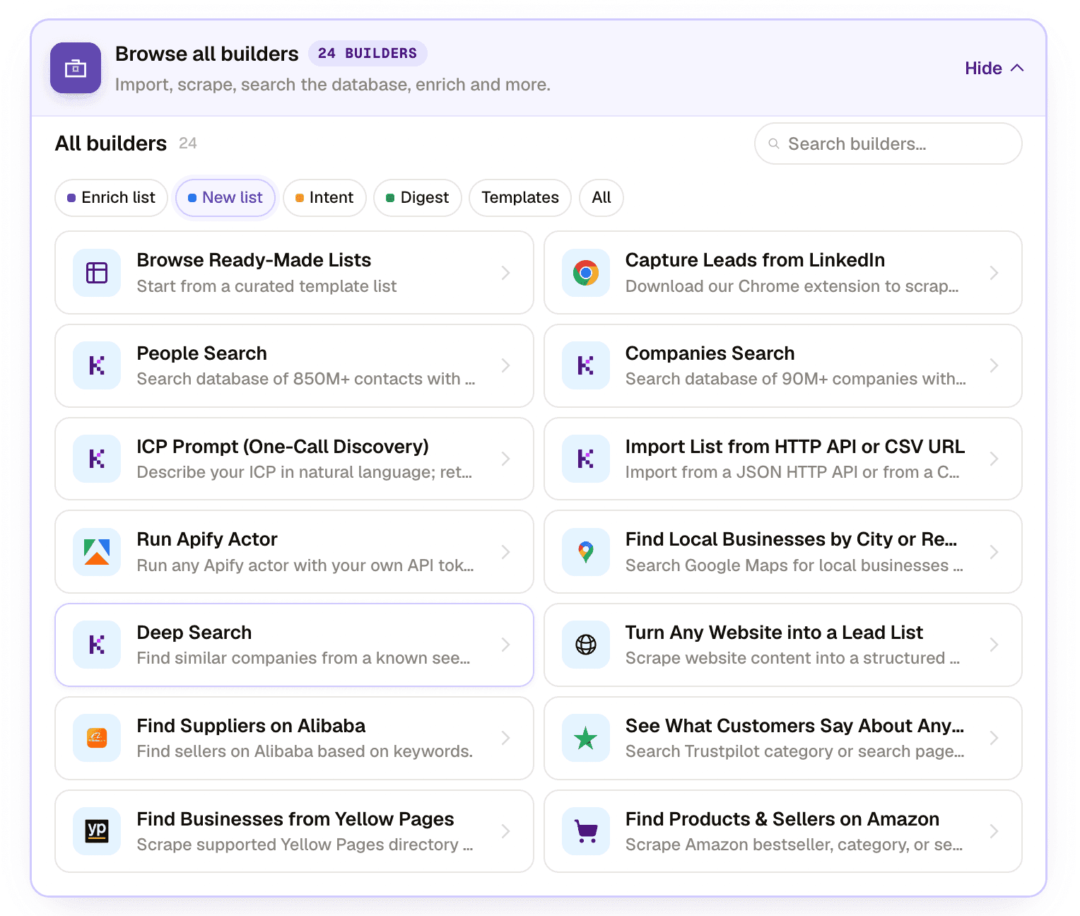 The Browse all builders panel in Kuration, showing the builders filtered by New list