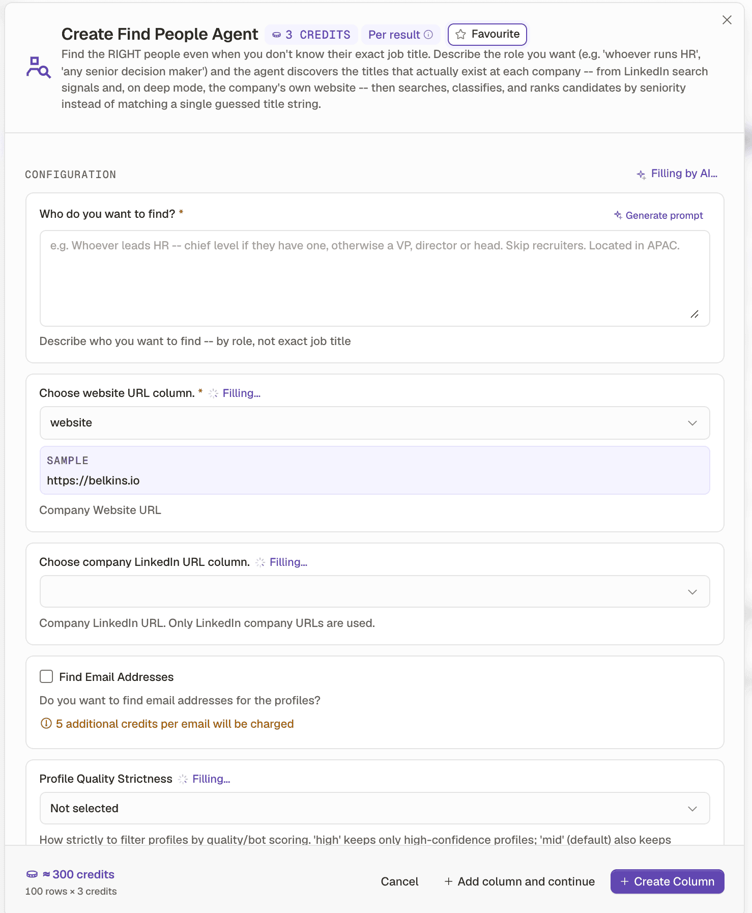 The Create Find People Agent panel, with the role description field, the website column selector, the email option and the strictness selector