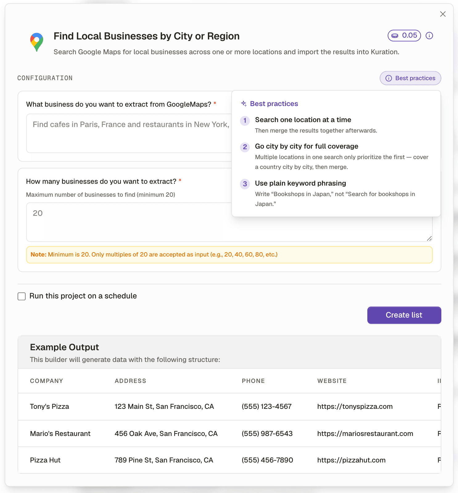 The Find Local Businesses by City or Region builder in Kuration, with its description field, result count, best practices panel and example output