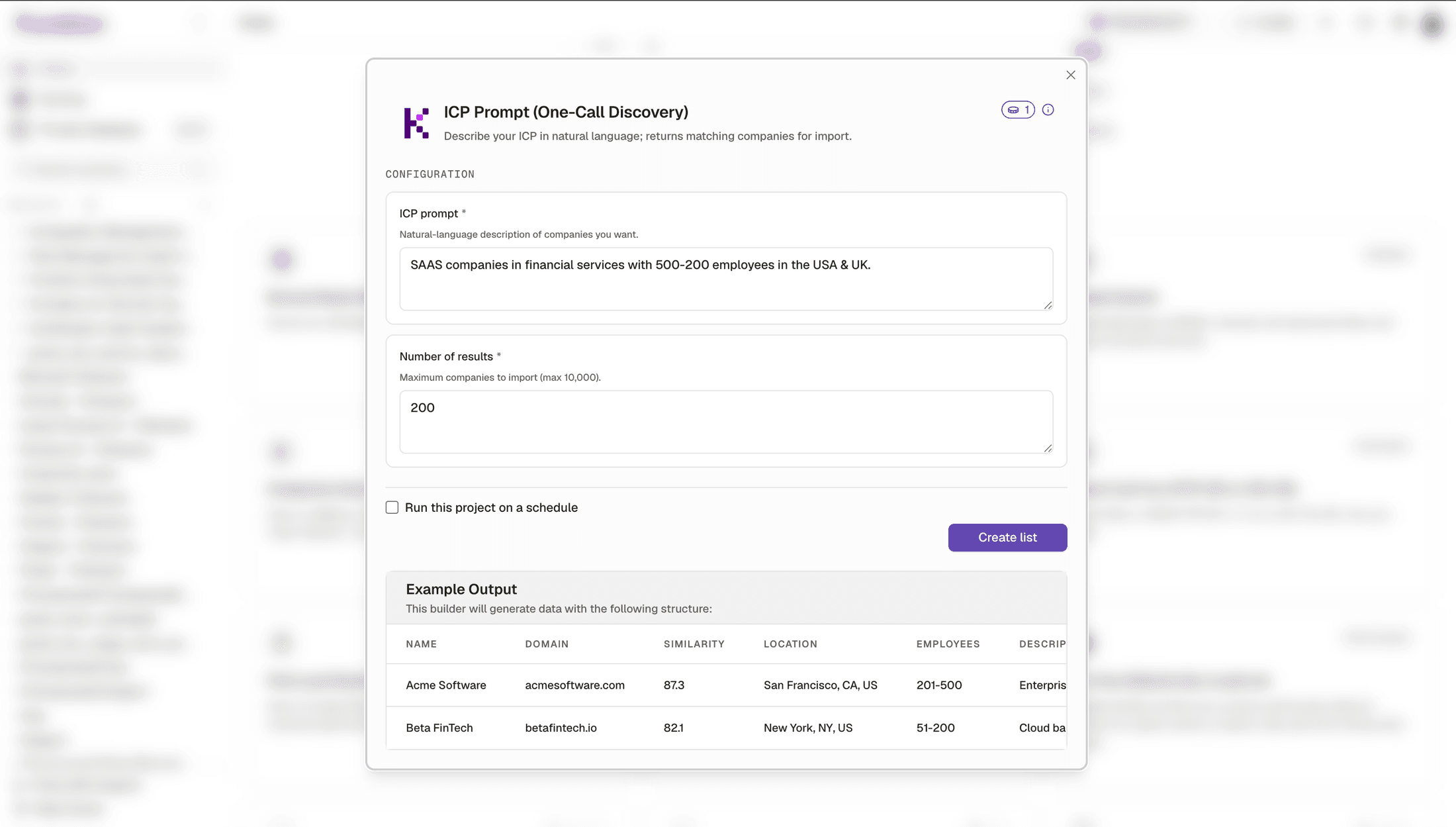 The ICP Prompt one call discovery builder in Kuration, with a natural language ICP description and an example output table