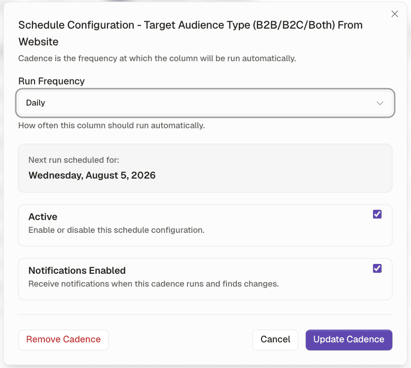 The schedule configuration dialog showing run frequency, the next scheduled run, and notification settings