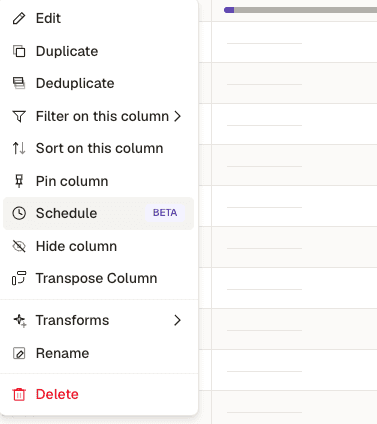 The Kuration column menu with Schedule marked beta