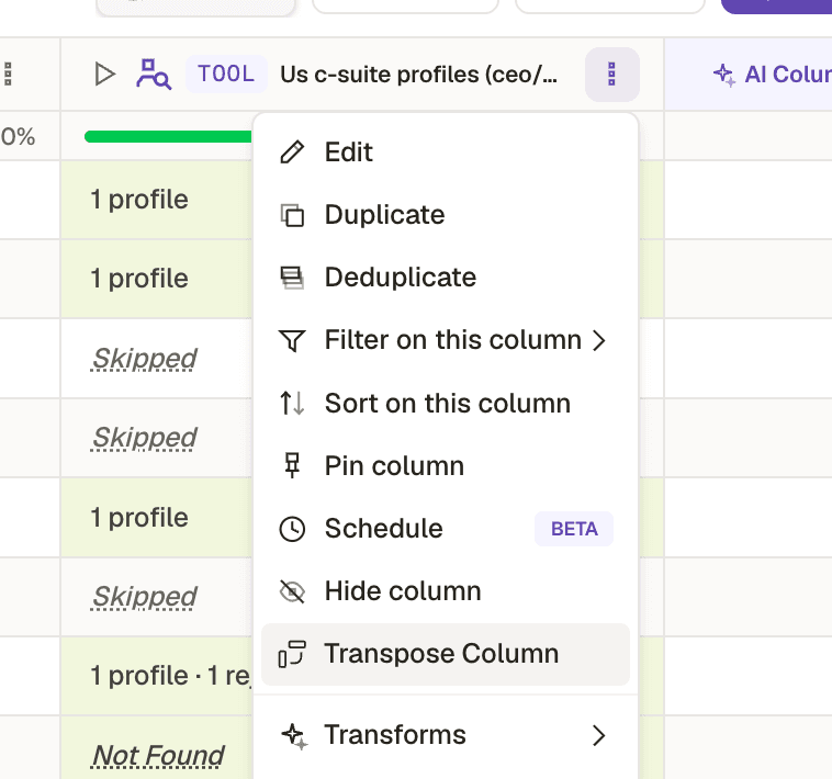 The column menu in Kuration with Transpose Column highlighted, over a people column showing profiles, skipped and not found rows