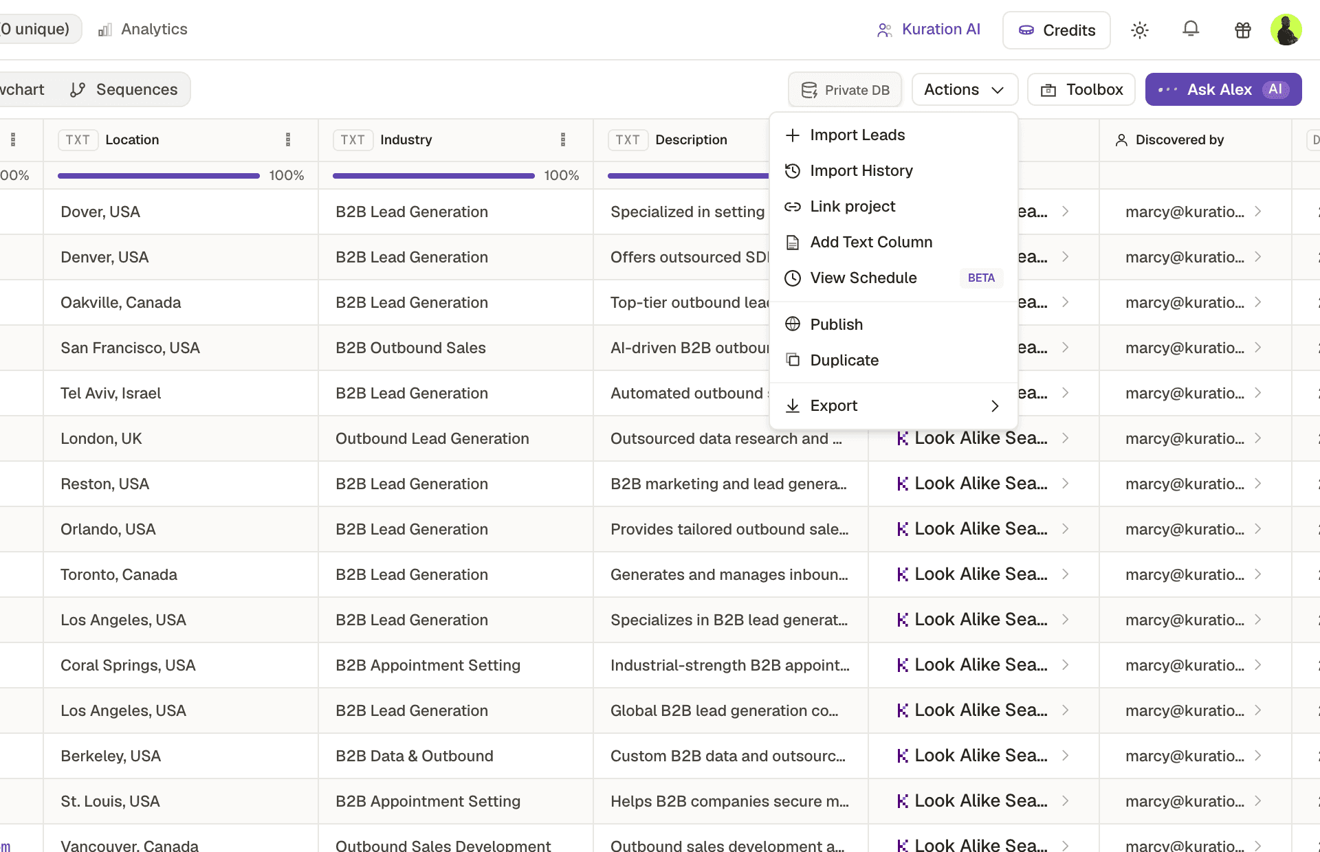 The Actions menu on a Kuration project, showing import, link project, schedule, publish, duplicate and export