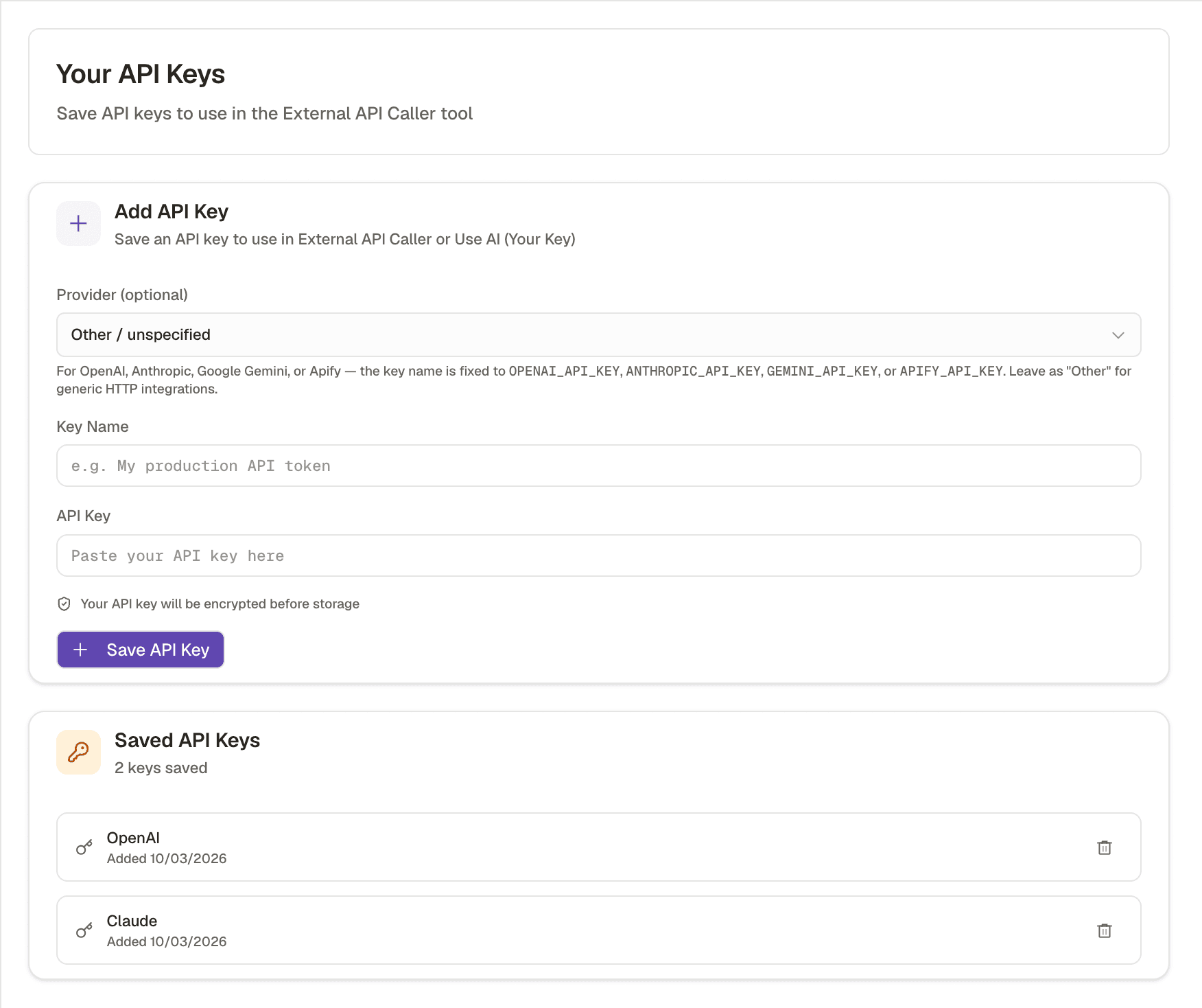 The bring your own AI API keys screen in Kuration workspace settings