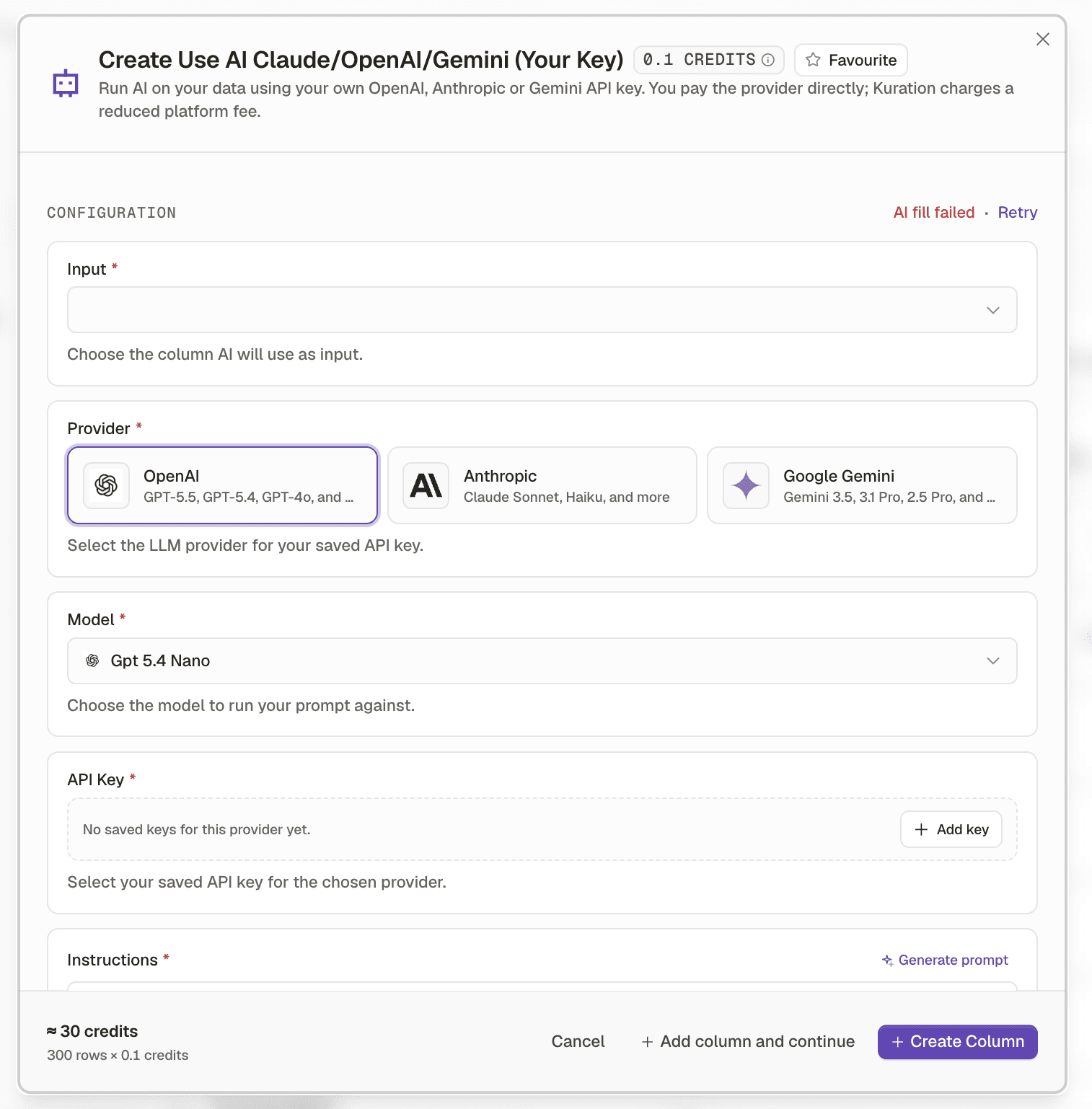 Running an AI enrichment column in Kuration against your own provider API key