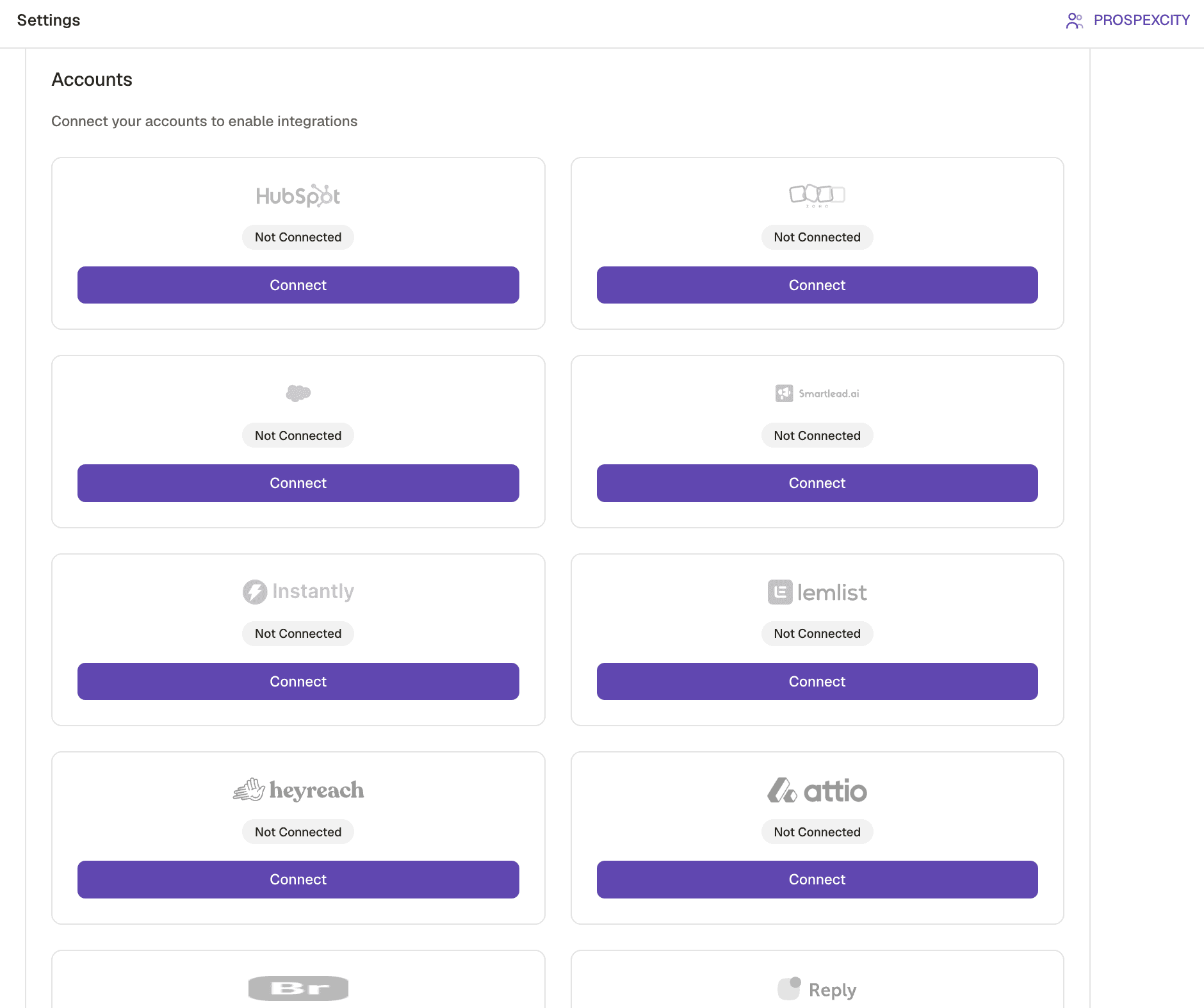 The Kuration integrations screen showing the available CRM and sequencer destinations