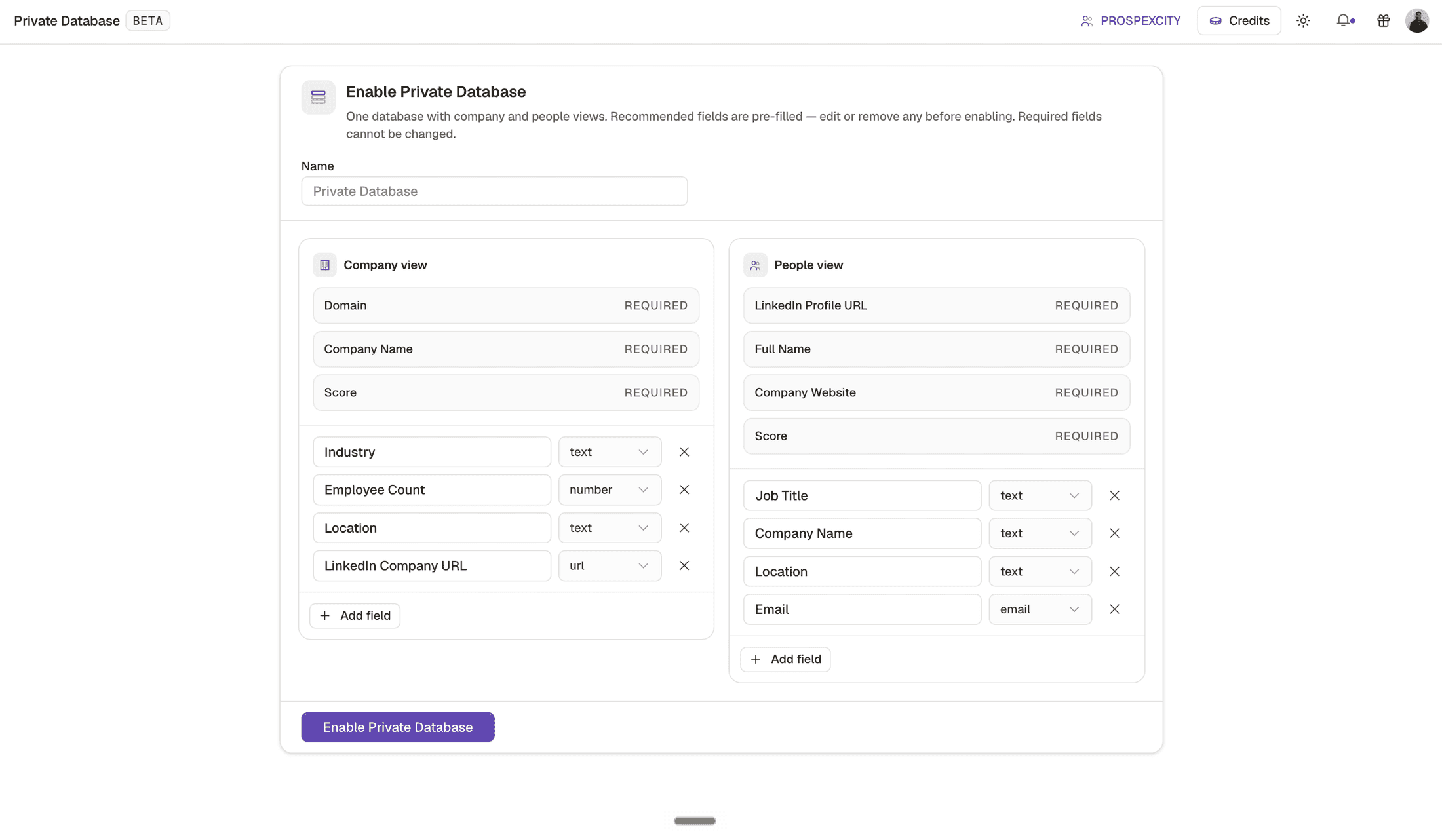 The private database configuration in Kuration, with required fields on both the company and people views