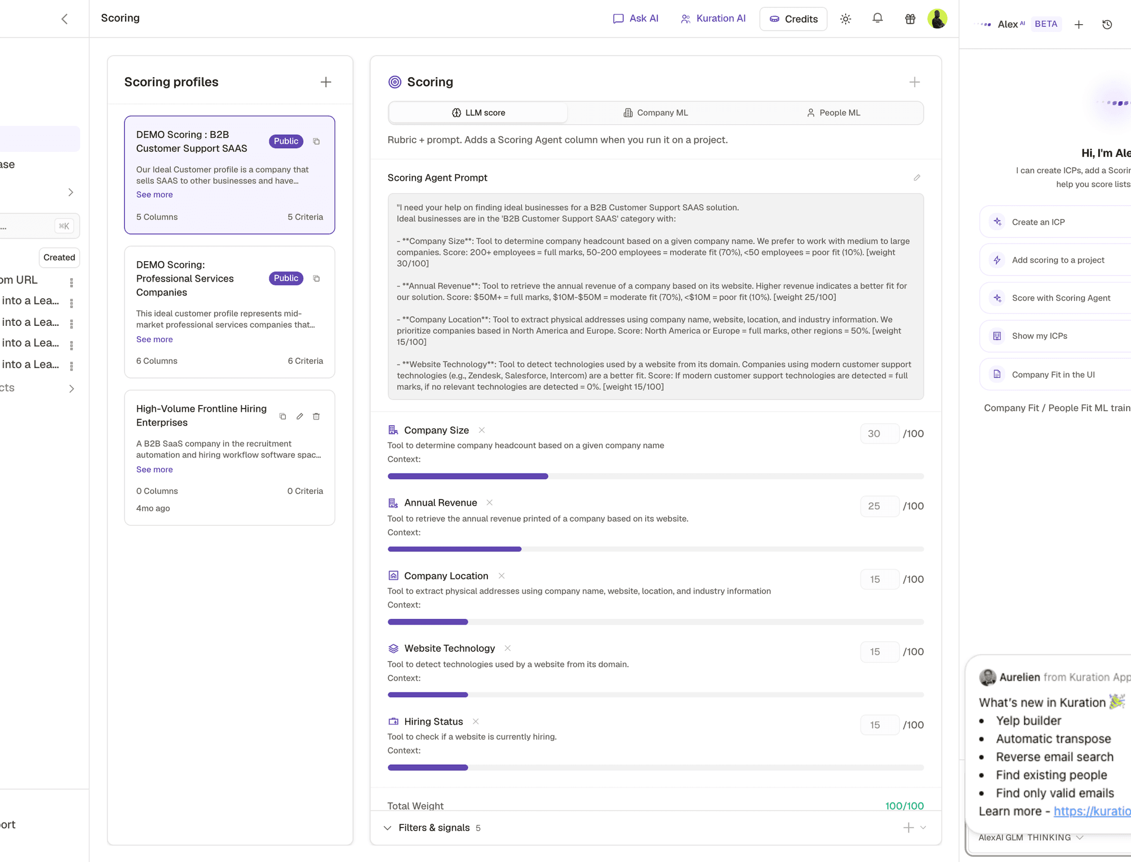 The Kuration scoring page, with the scoring agent prompt showing weight markers, the matching weight controls, and a running total of 100 out of 100
