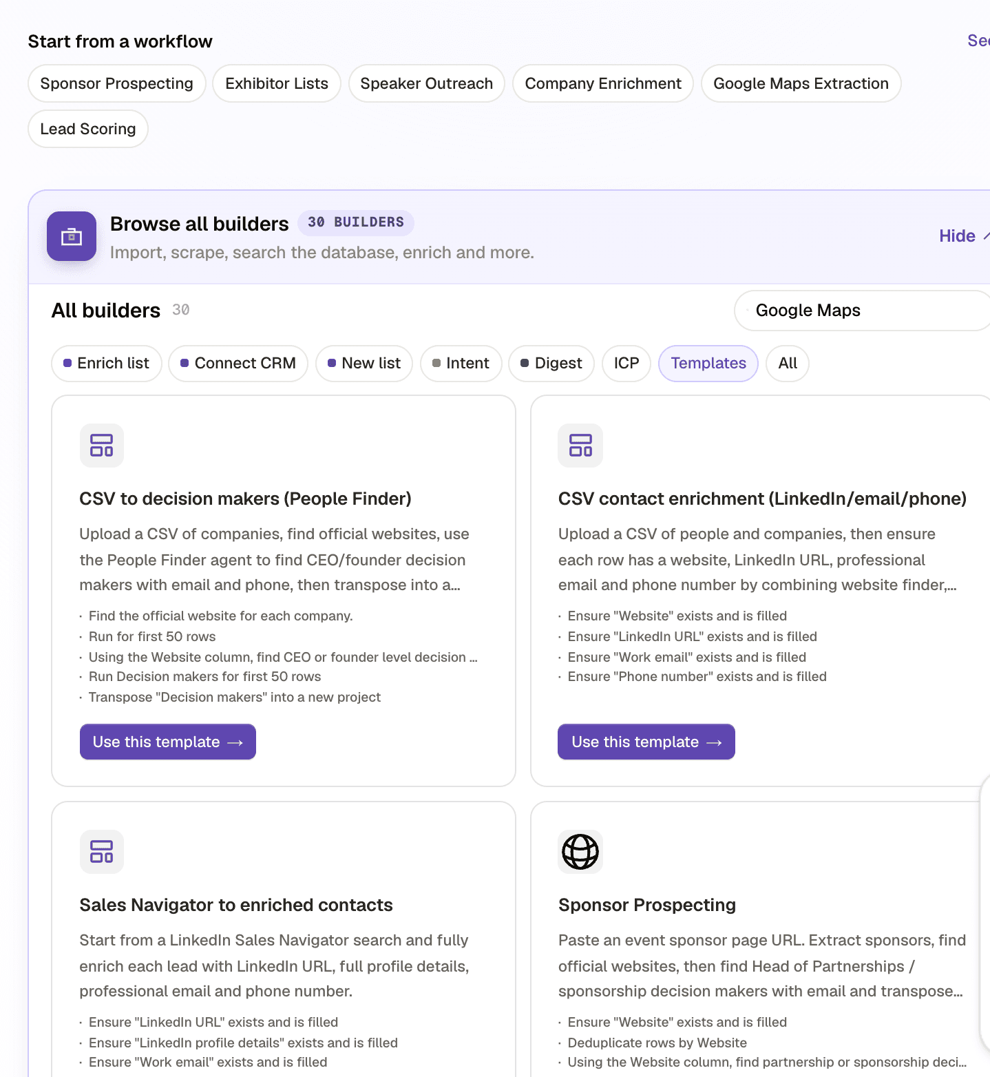 The Templates filter in the Kuration builders panel, showing template cards with their steps and a Use this template button