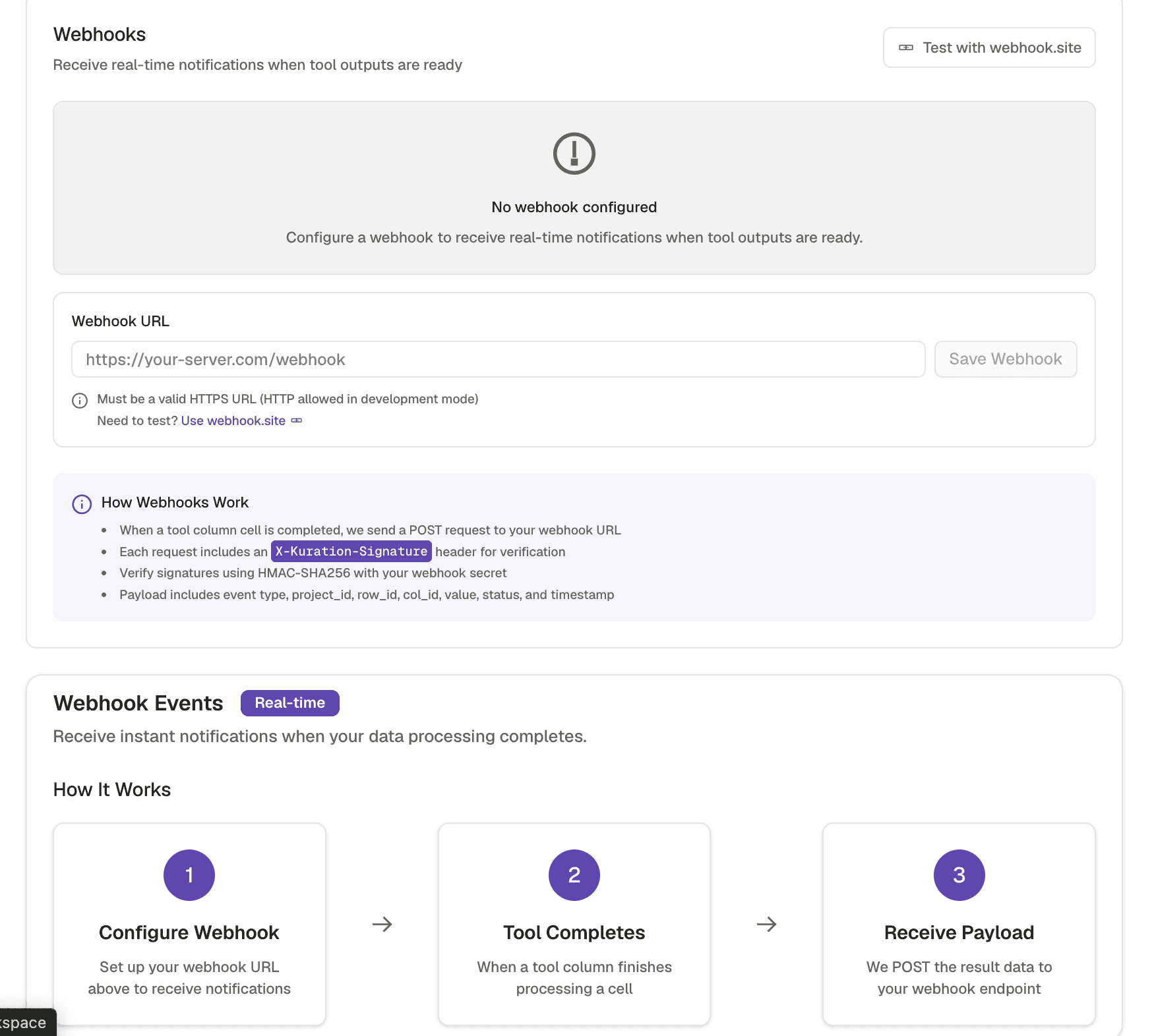 Webhook configuration in Kuration, with the event and destination for an outbound notification