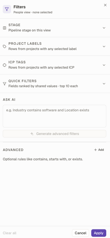 The Private Database Filters panel: Stage, Project labels, ICP tags and Quick filters, an Ask AI box that generates advanced filters, and an Advanced section for contains, starts with and exists rules.