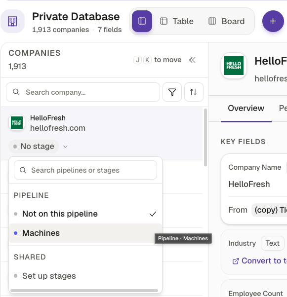 The stage picker on a Private Database record: search pipelines or stages, a Machines pipeline, and Set up stages under Shared.