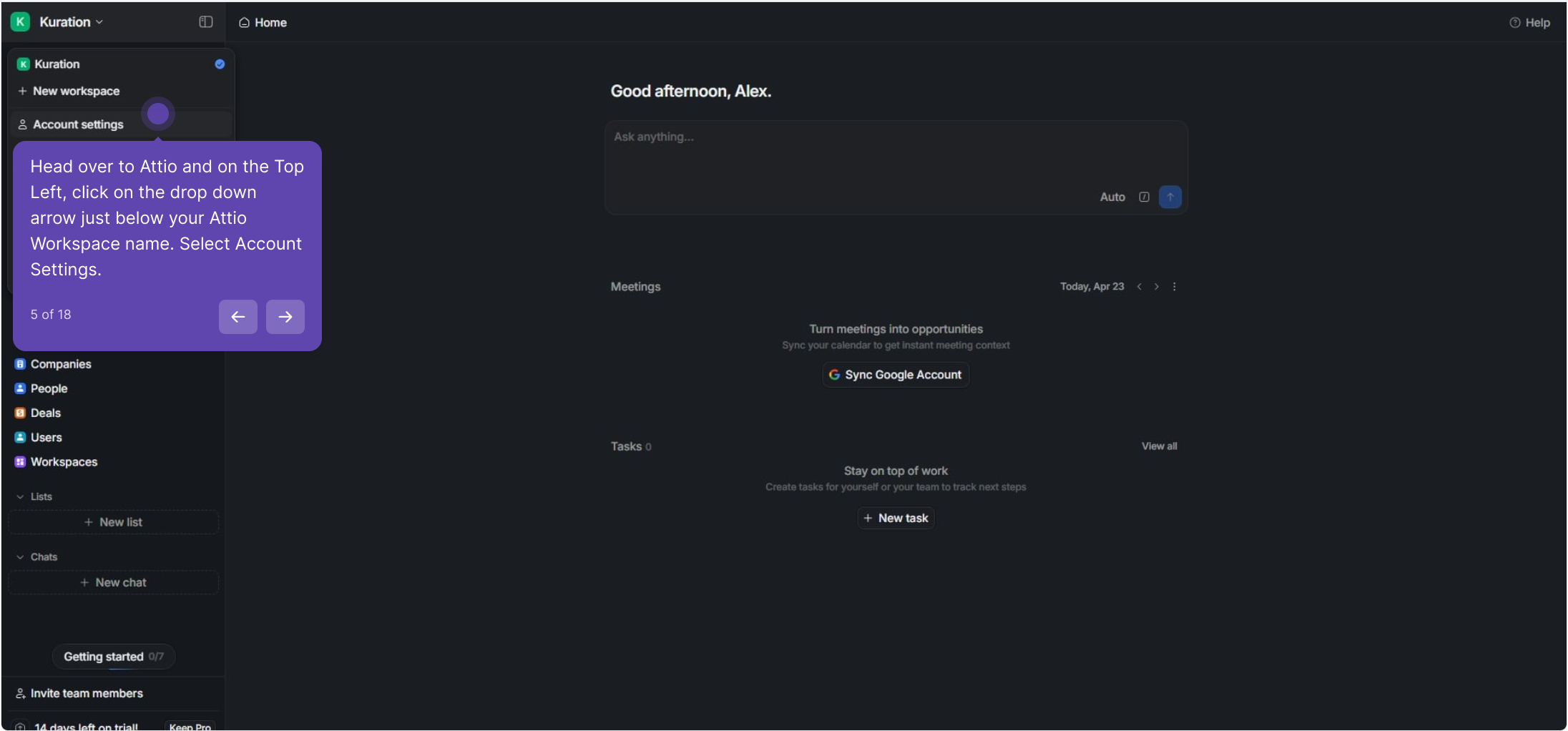 Attio workspace dropdown with Account settings