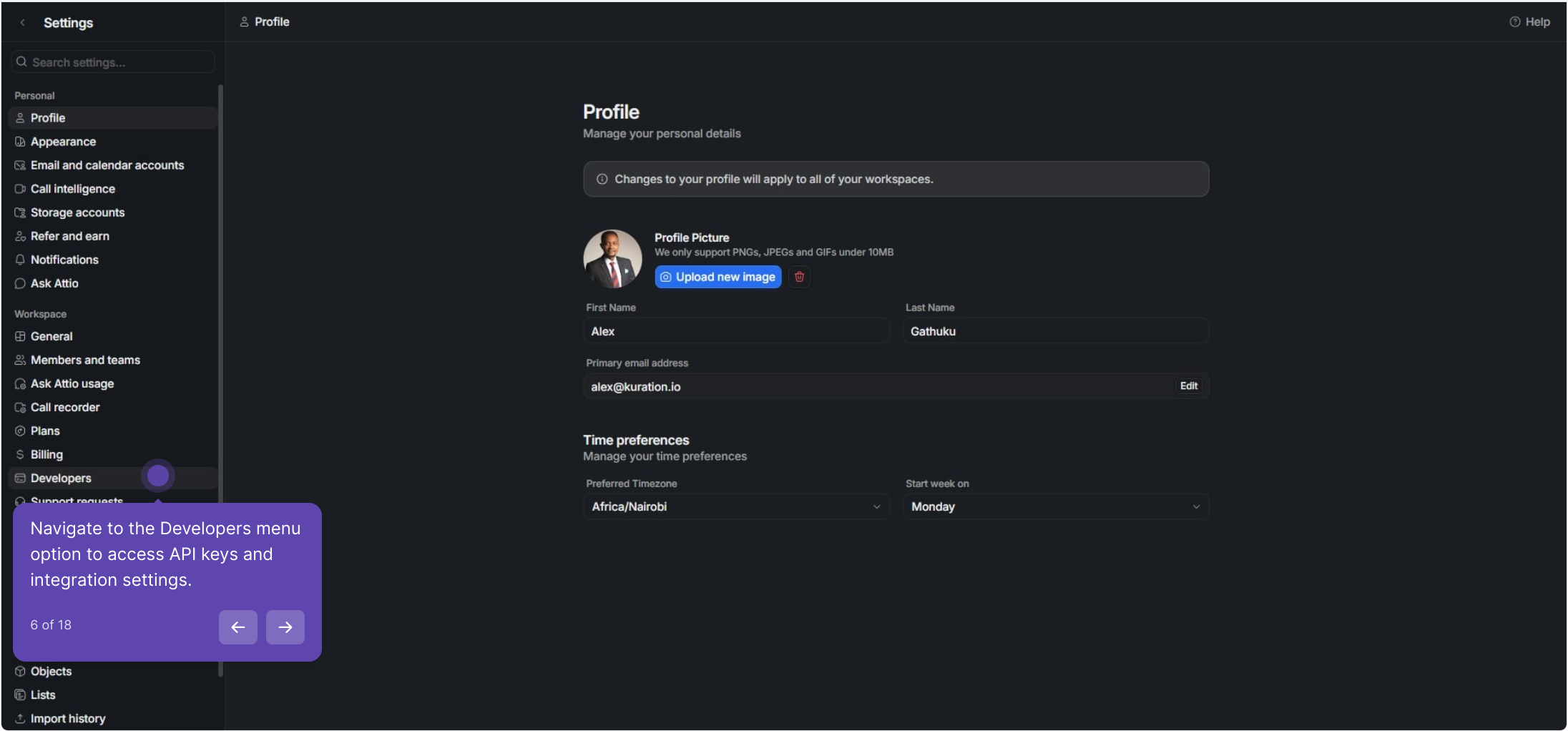 Attio settings sidebar with the Developers option
