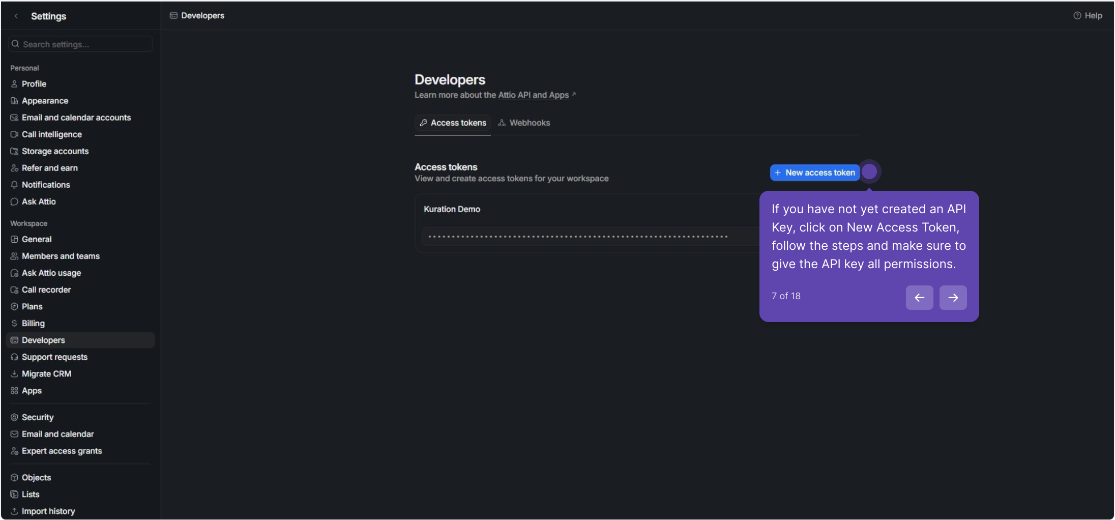 Attio Access tokens page with New access token button