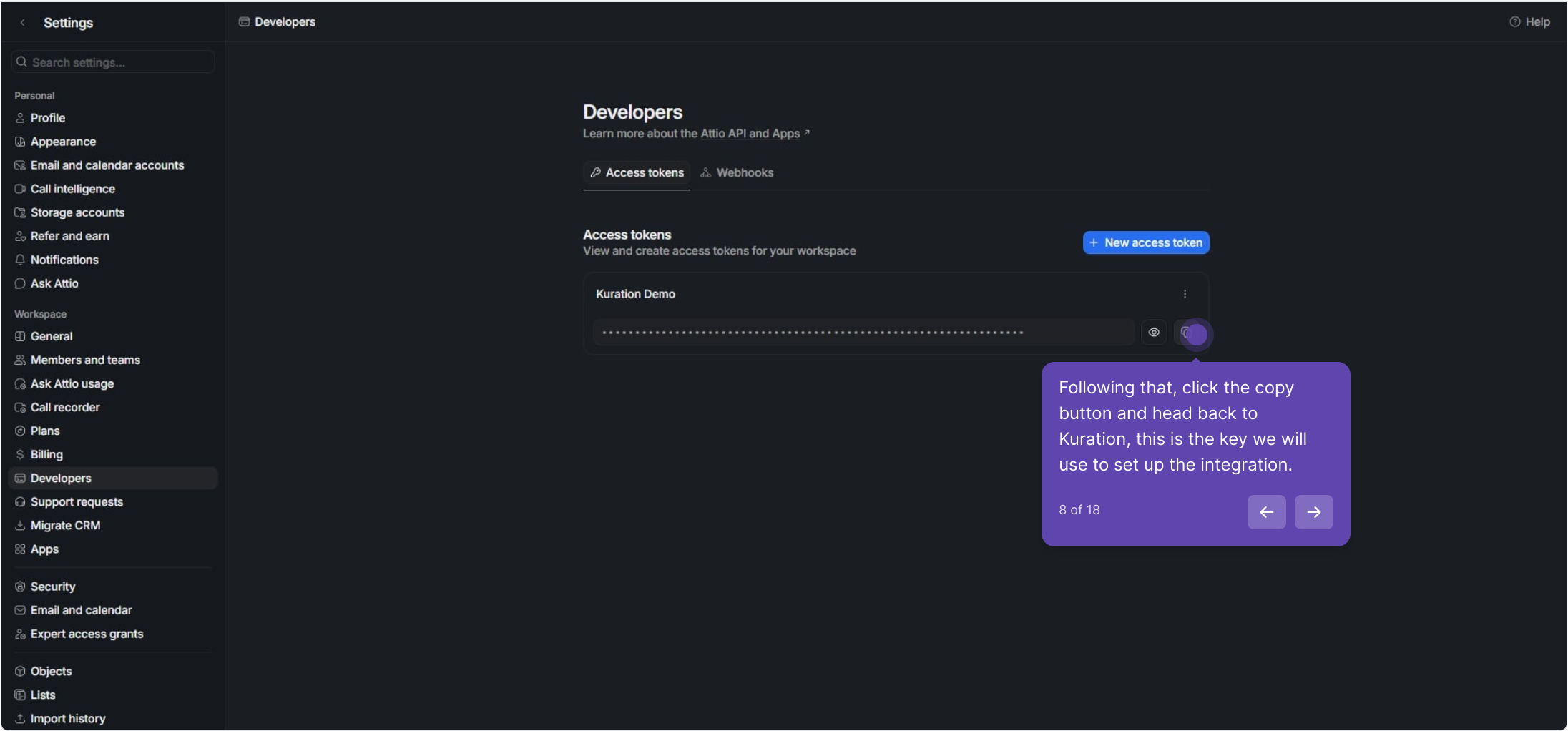 Attio token with the copy button highlighted