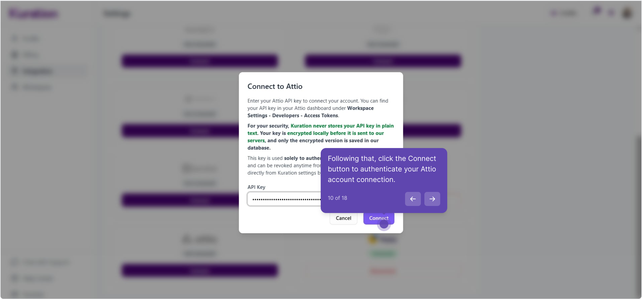 Connect to Attio dialog with the API key pasted and Connect button