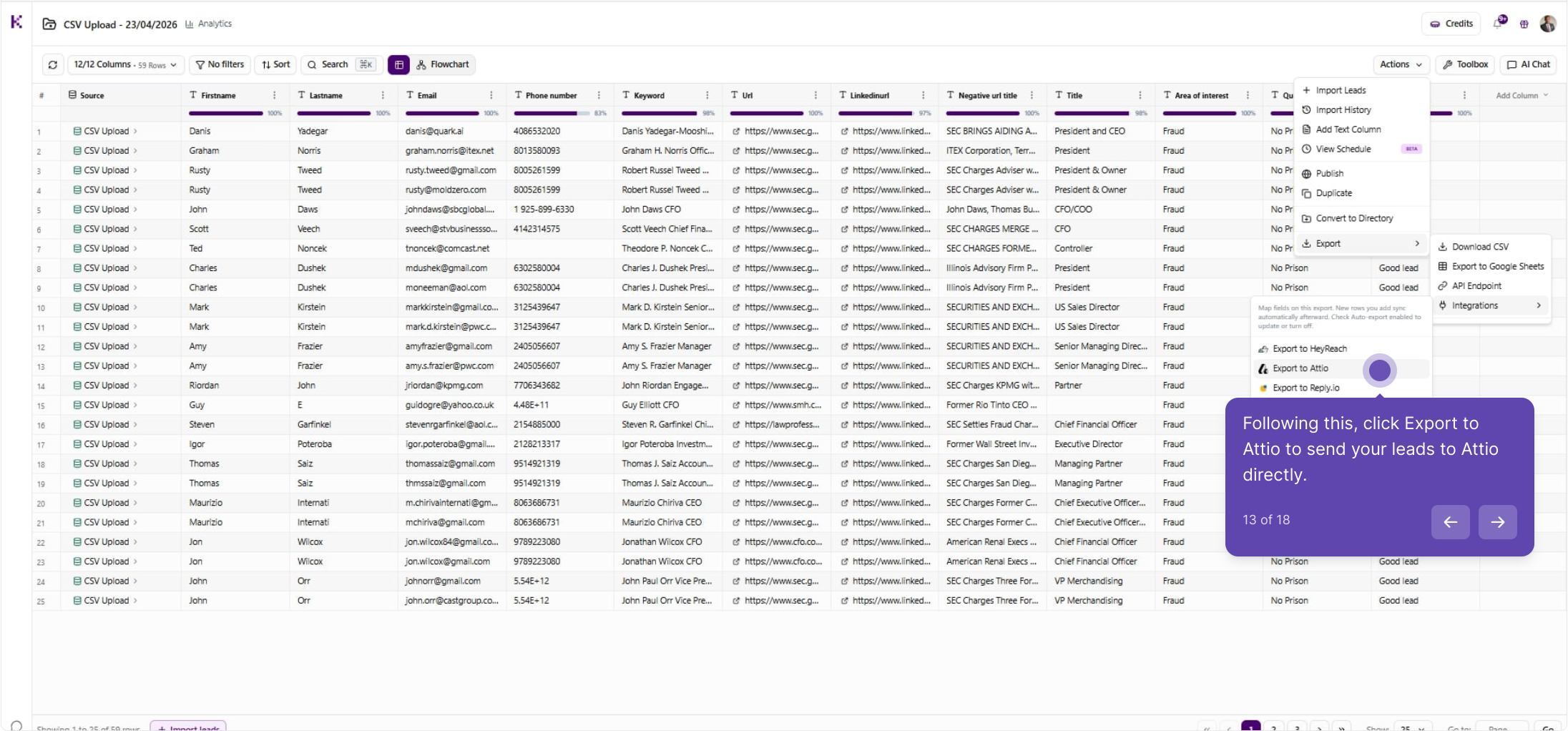 Actions menu Export submenu with Export to Attio highlighted