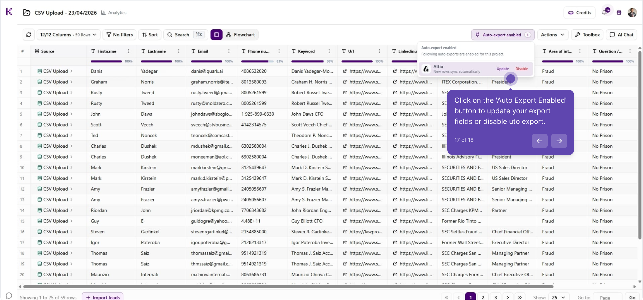 Auto-export enabled panel with Update and Disable options