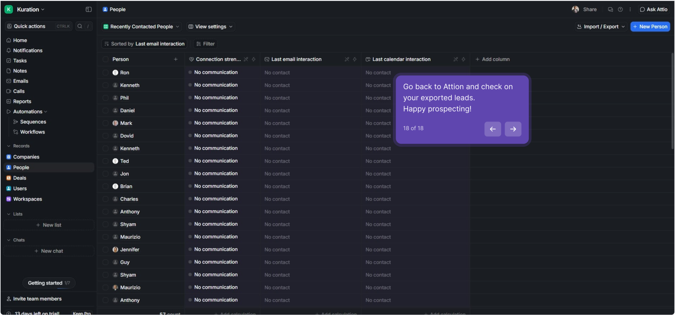 Attio People records showing the exported leads