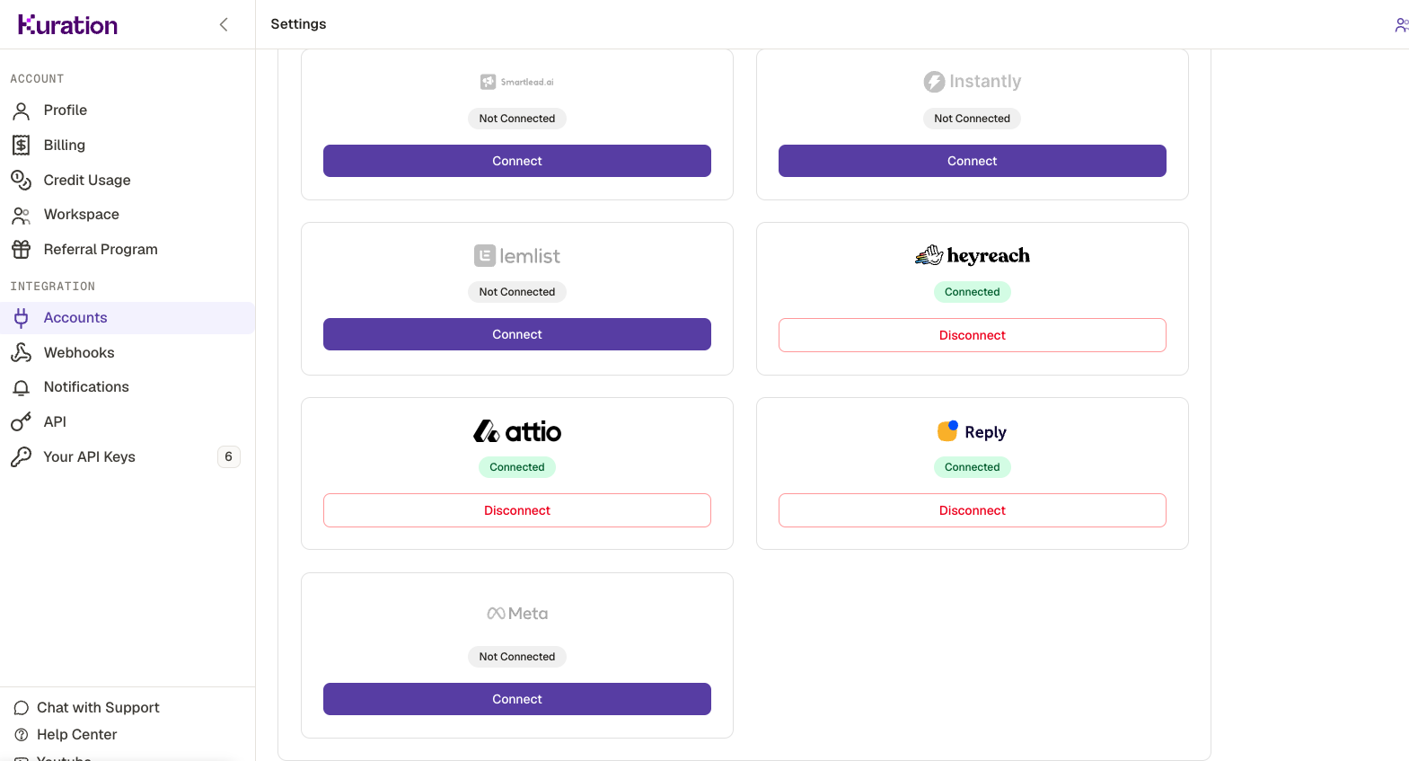Kuration Settings Integration Accounts showing the Attio card