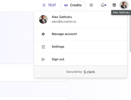 Account menu opened from the avatar with the Settings option
