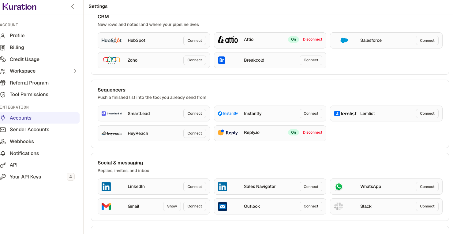 Kuration Settings Accounts page with the Social and messaging section showing LinkedIn, Sales Navigator, WhatsApp, Gmail, Outlook and Slack