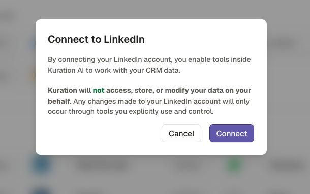 Connect to LinkedIn confirmation dialog in Kuration
