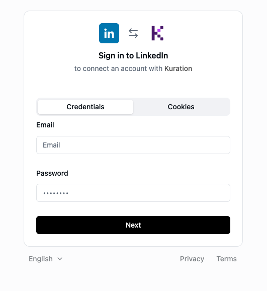 Sign in to LinkedIn page for connecting an account with Kuration