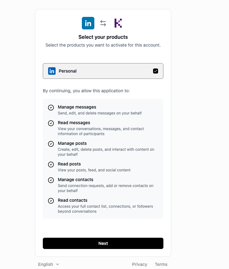 LinkedIn product selection and permissions screen for the Kuration connection