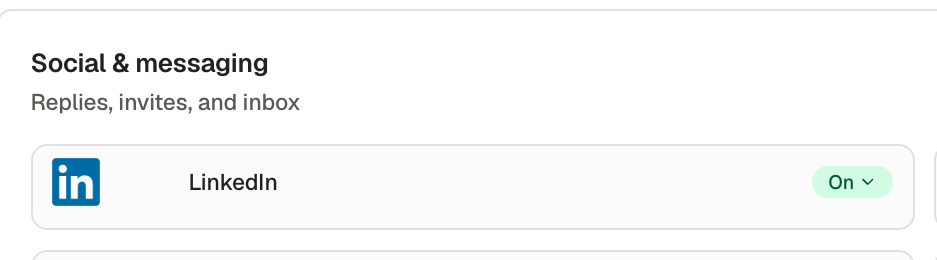 LinkedIn row in Social and messaging showing an On status