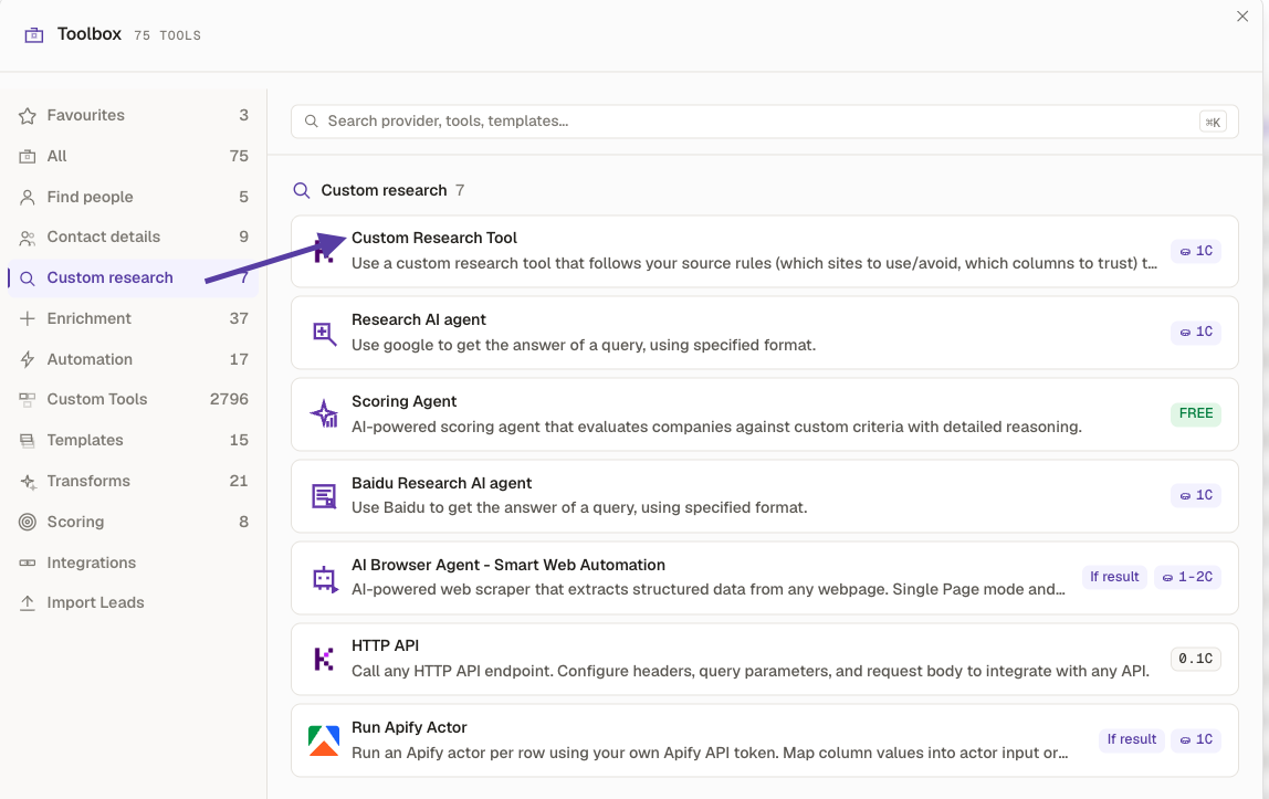 Choose Custom Research Tool