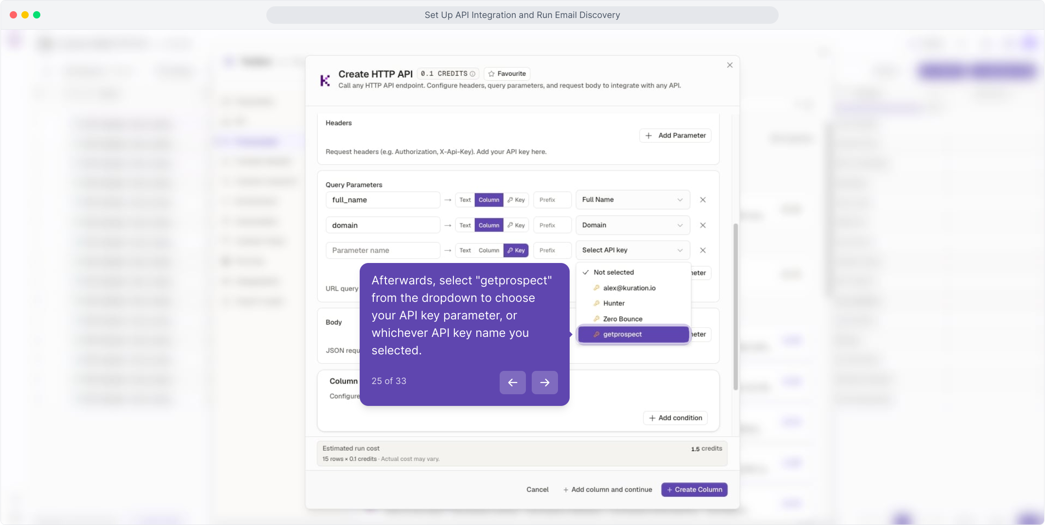 Select API key dropdown open with the saved getprospect key highlighted