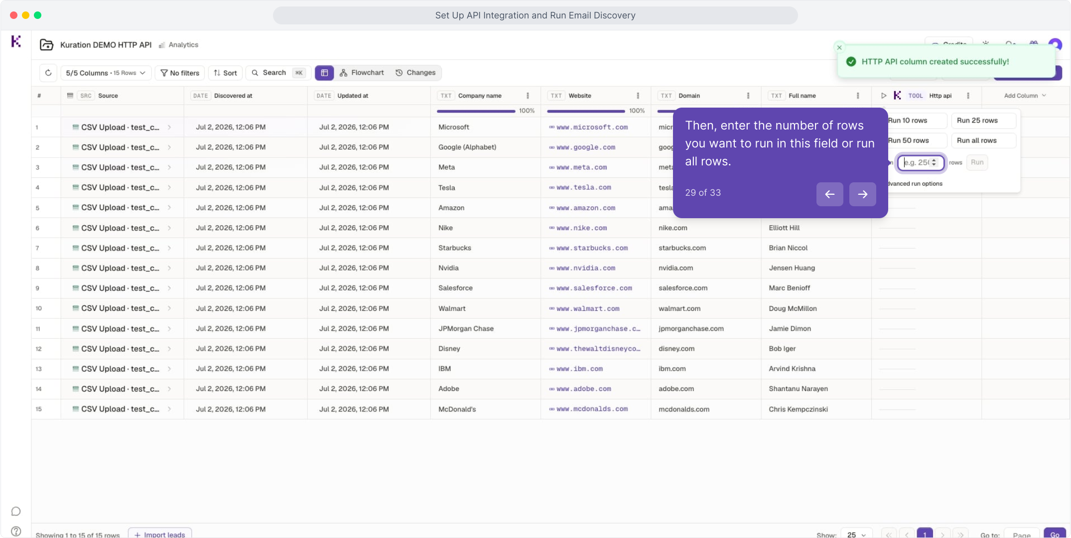 Run options for the HTTP API column with the row count field focused