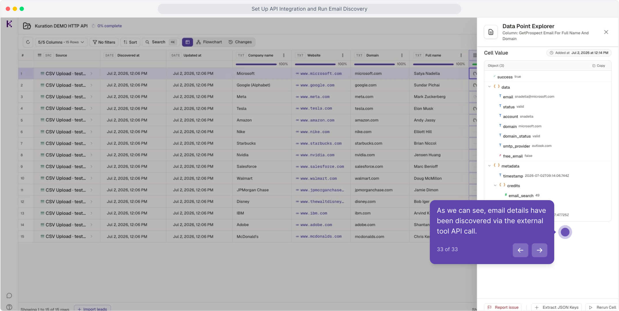Data Point Explorer showing the discovered email, status and metadata for a row