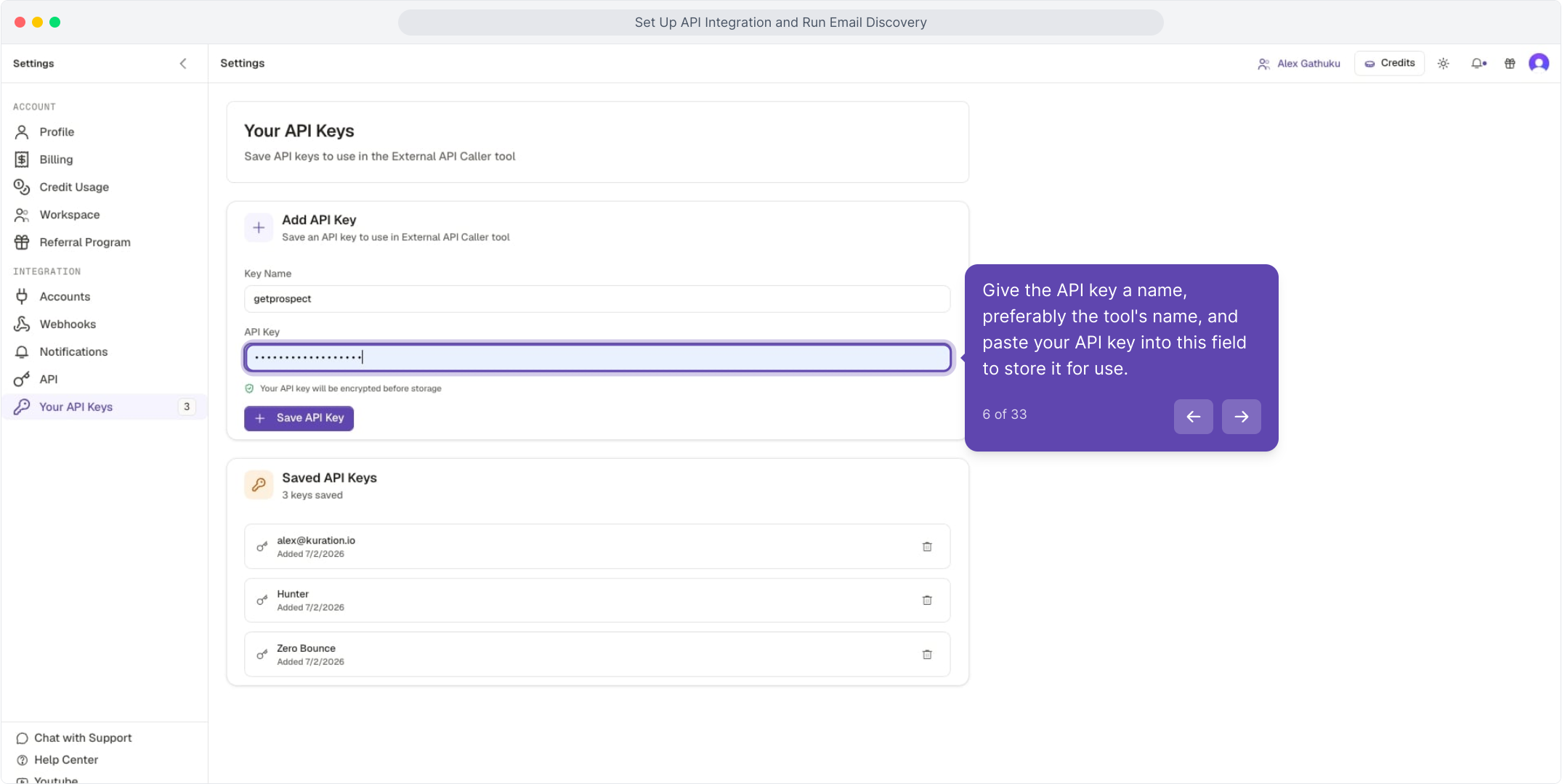 Add API Key form with a key name entered and the API key field focused