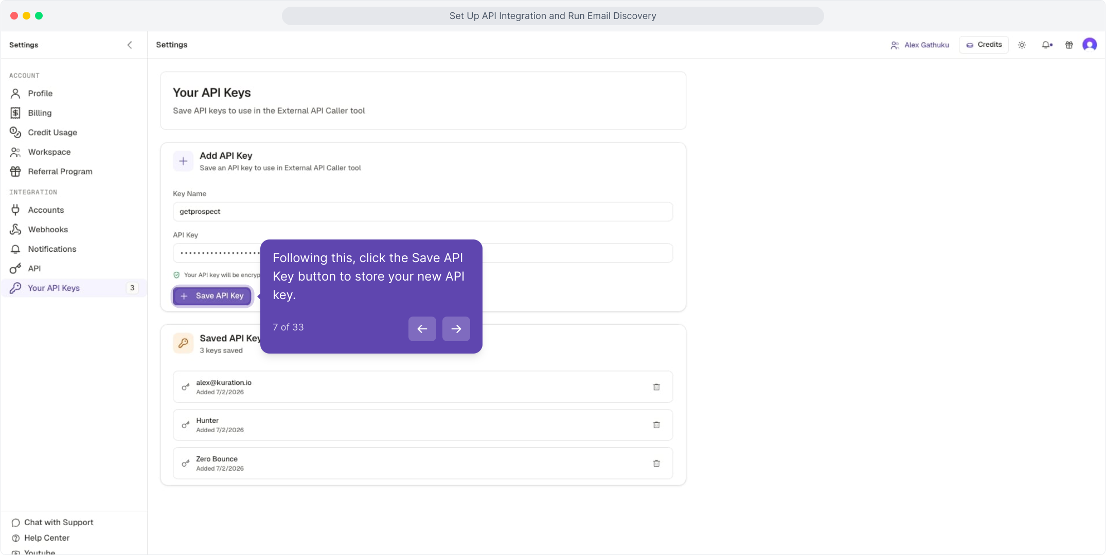 Add API Key form with the Save API Key button highlighted