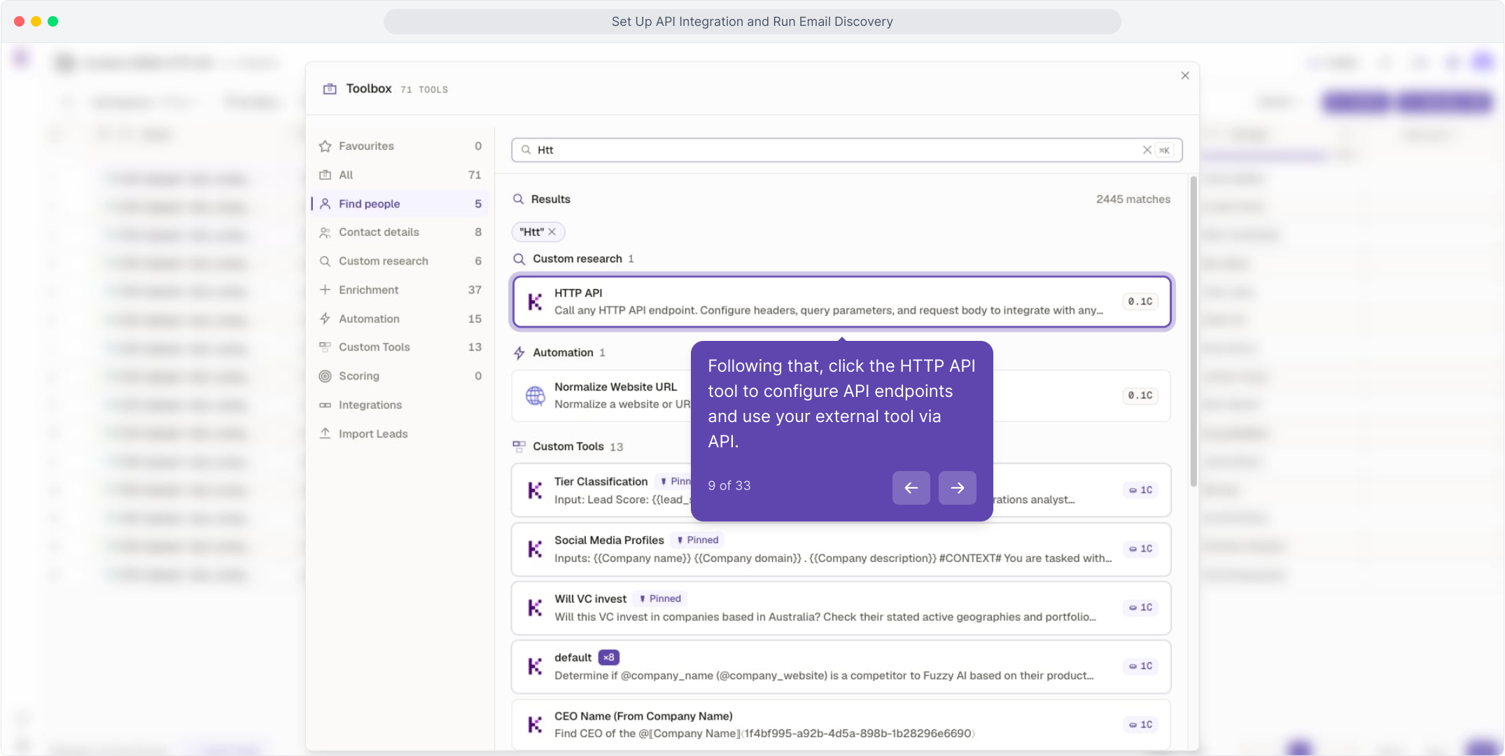 Toolbox search results with the HTTP API tool highlighted