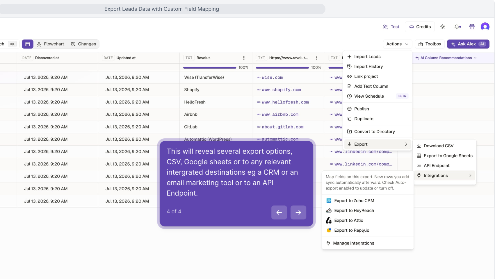 Export submenu showing CSV, Google Sheets, API Endpoint and integration destinations