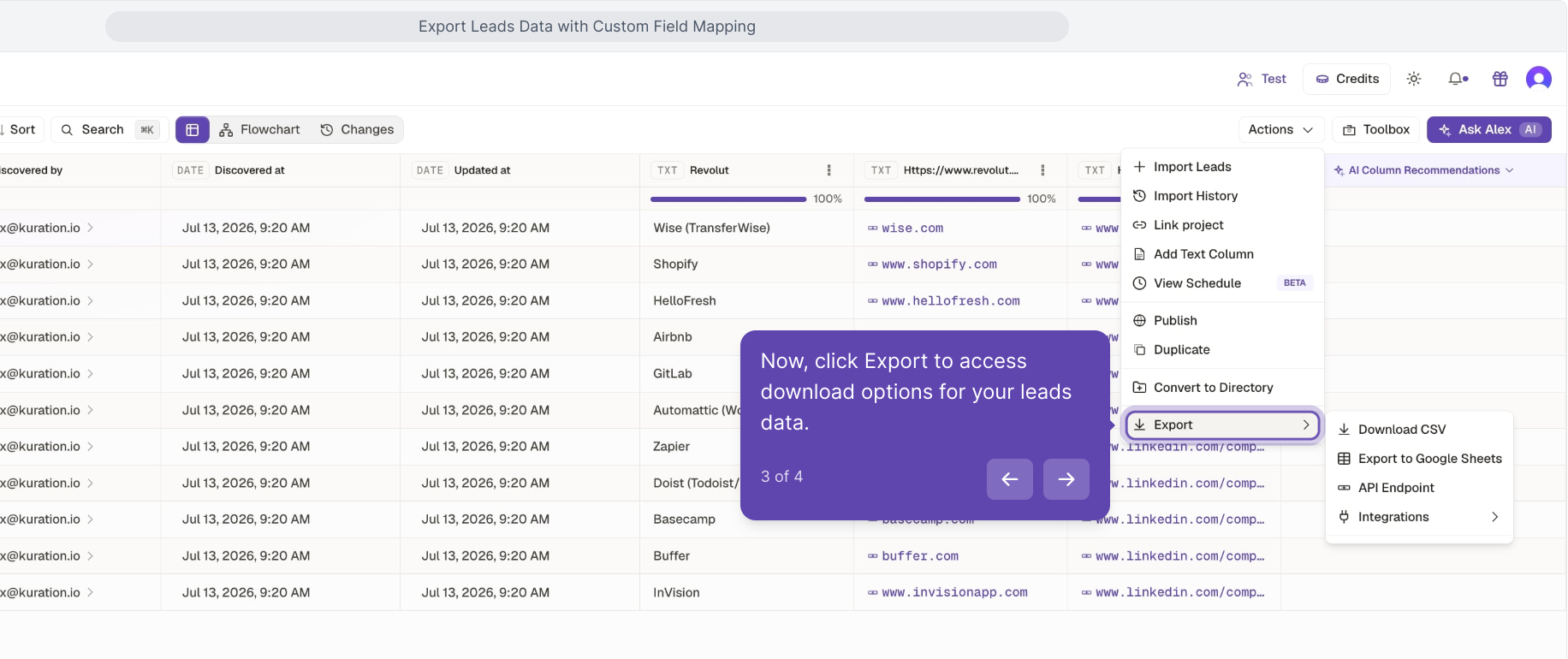 Actions menu open with the Export item highlighted