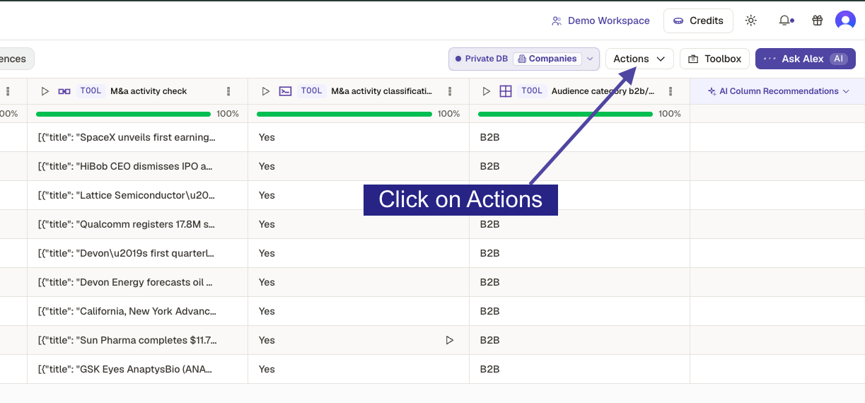 Kuration table with the Actions menu highlighted