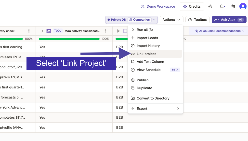 Actions menu open with Link project selected