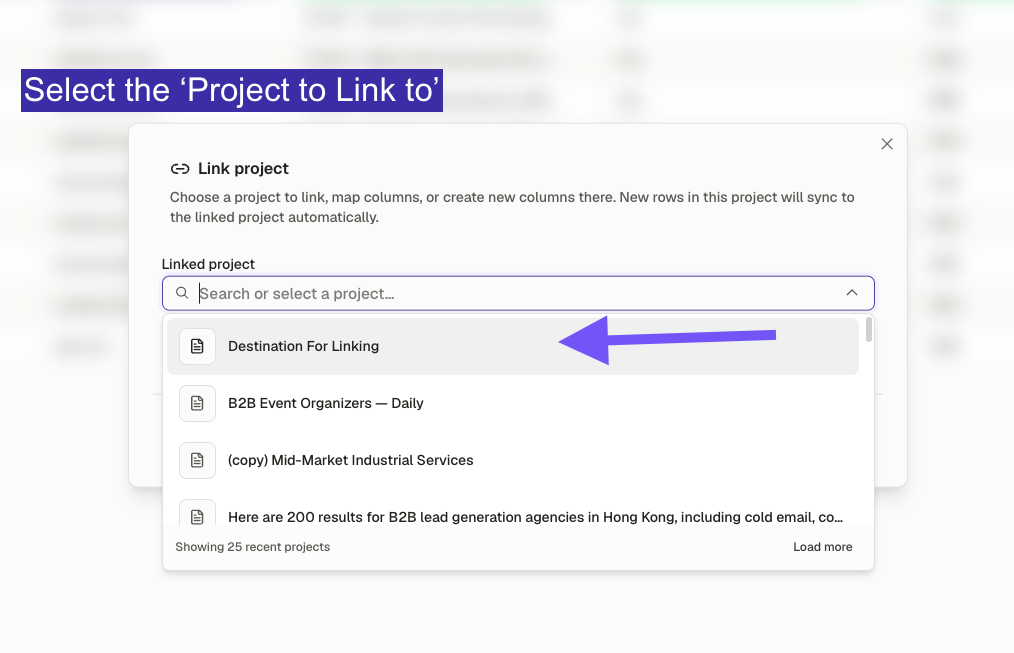 Link project dialog with the destination project selected from the dropdown