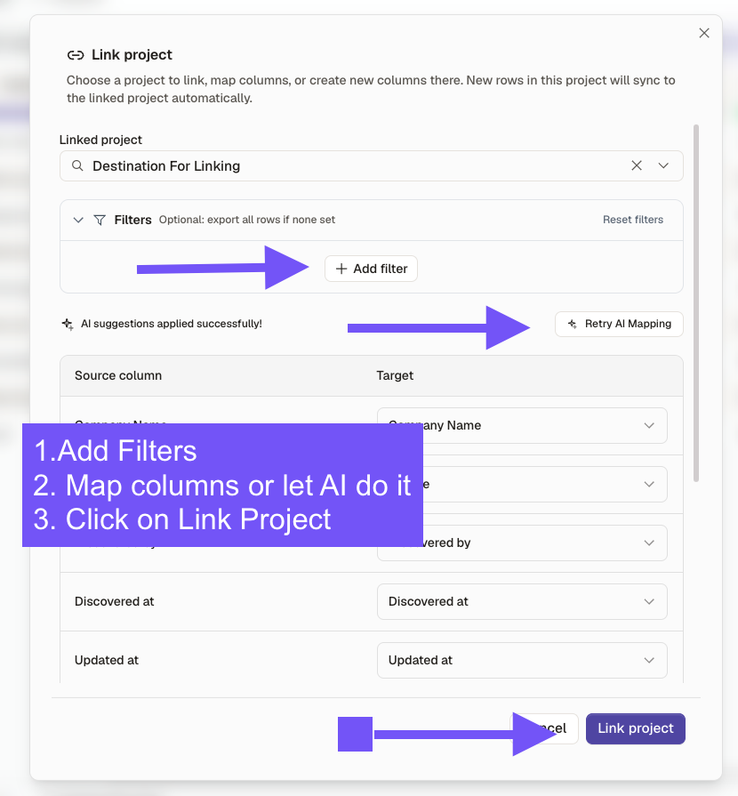 Link project dialog showing filters, AI column mapping, and the Link project button