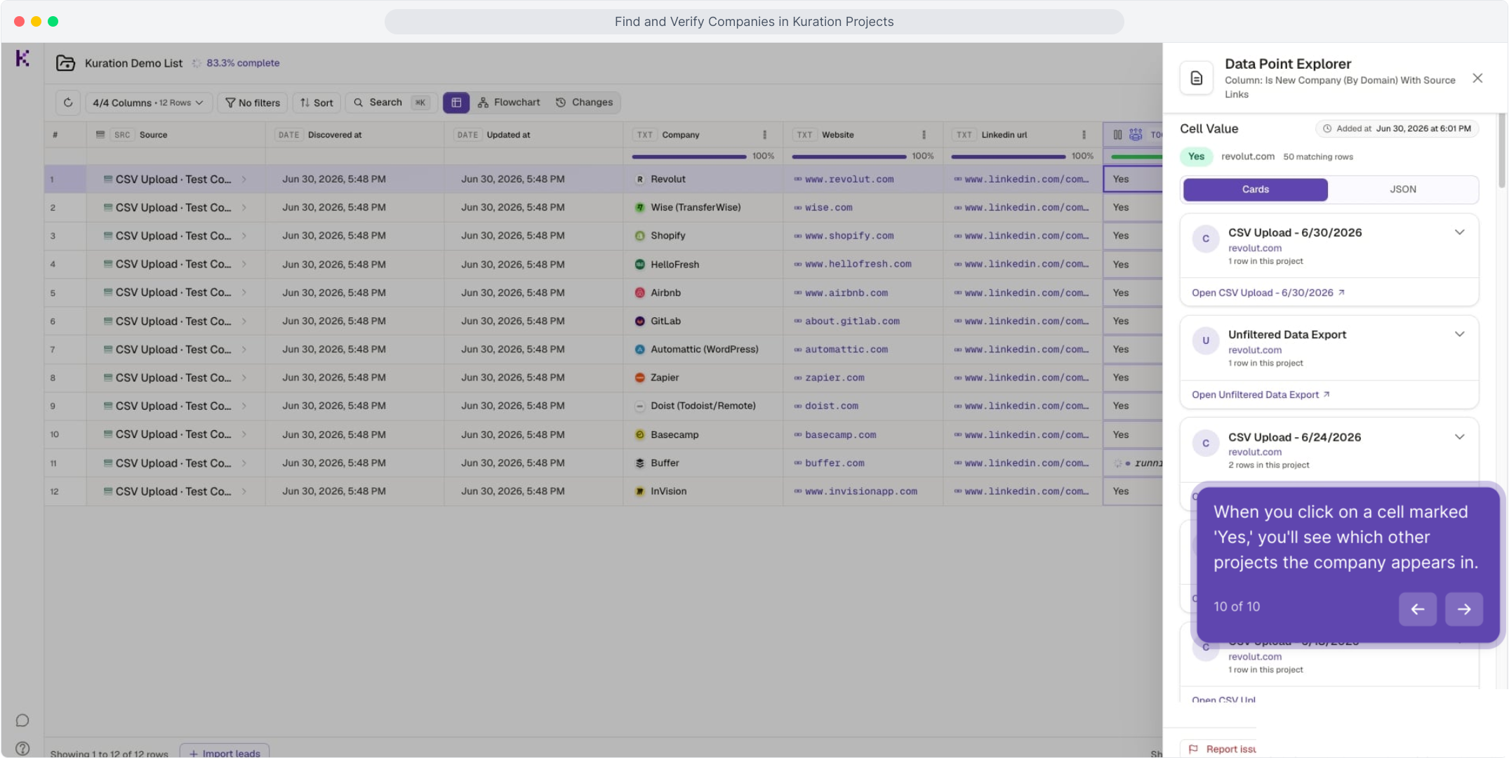 Data Point Explorer showing which other projects the company appears in