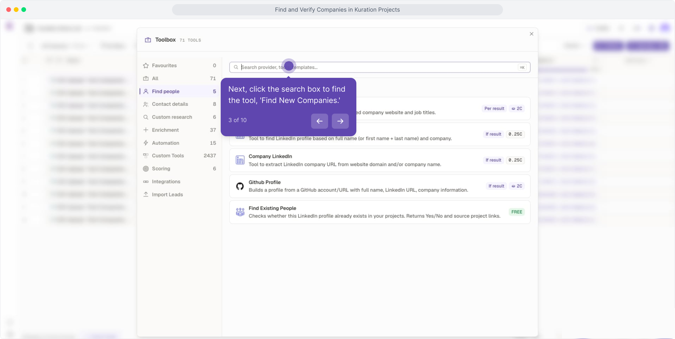 Toolbox open with the search box highlighted