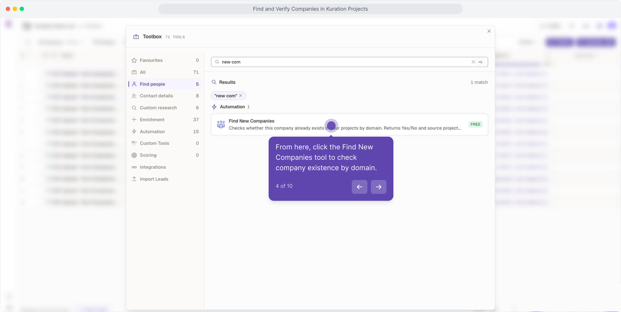 Search results showing the Find New Companies tool