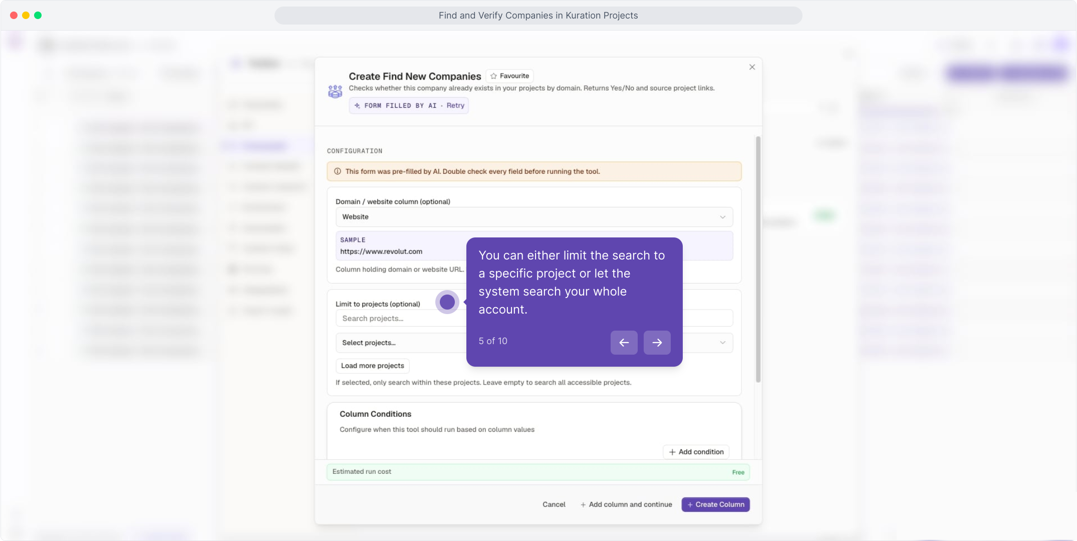 Find New Companies configuration with the Limit to projects field